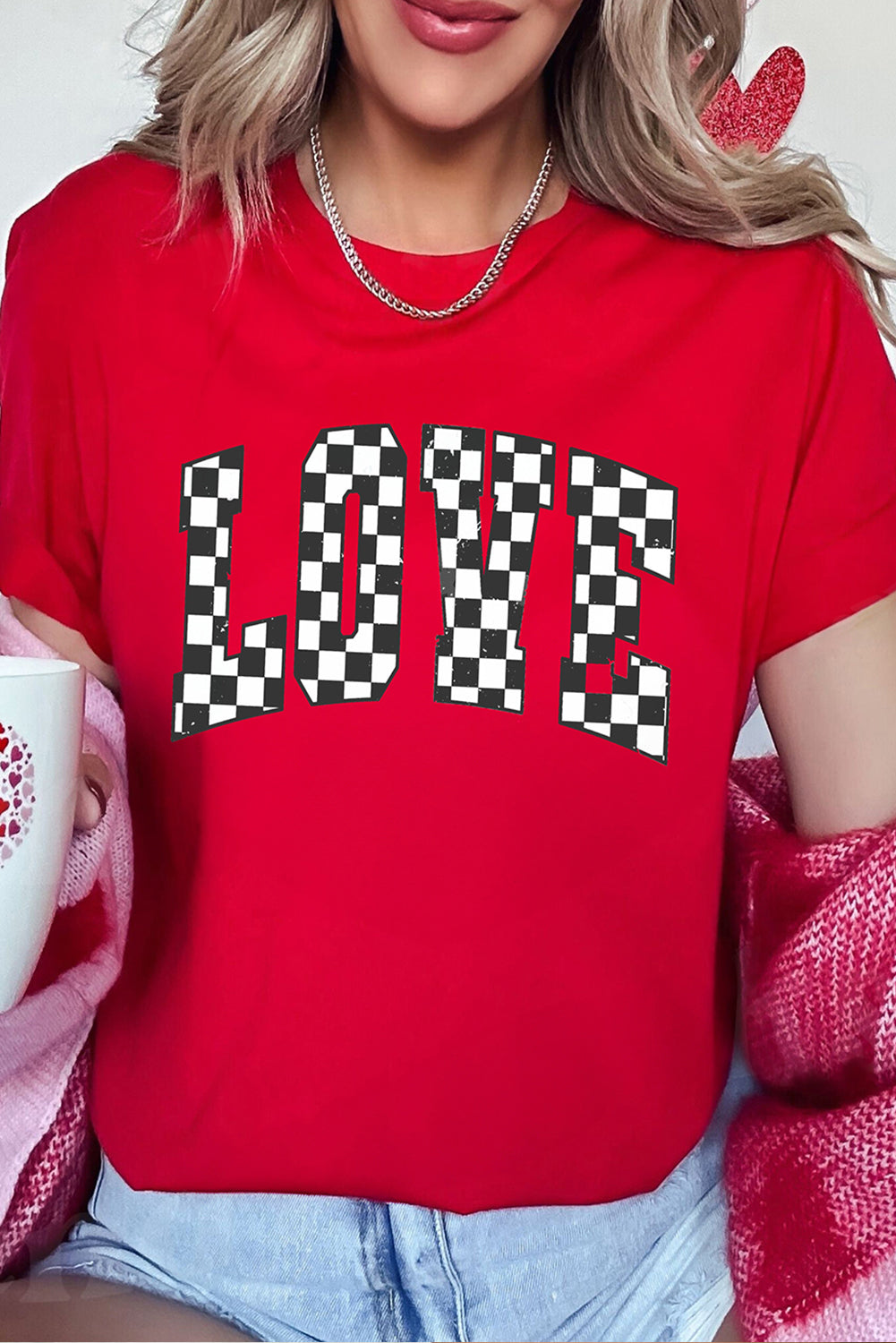 T-shirt de Saint-Valentin à carreaux rouges avec motif lettre LOVE