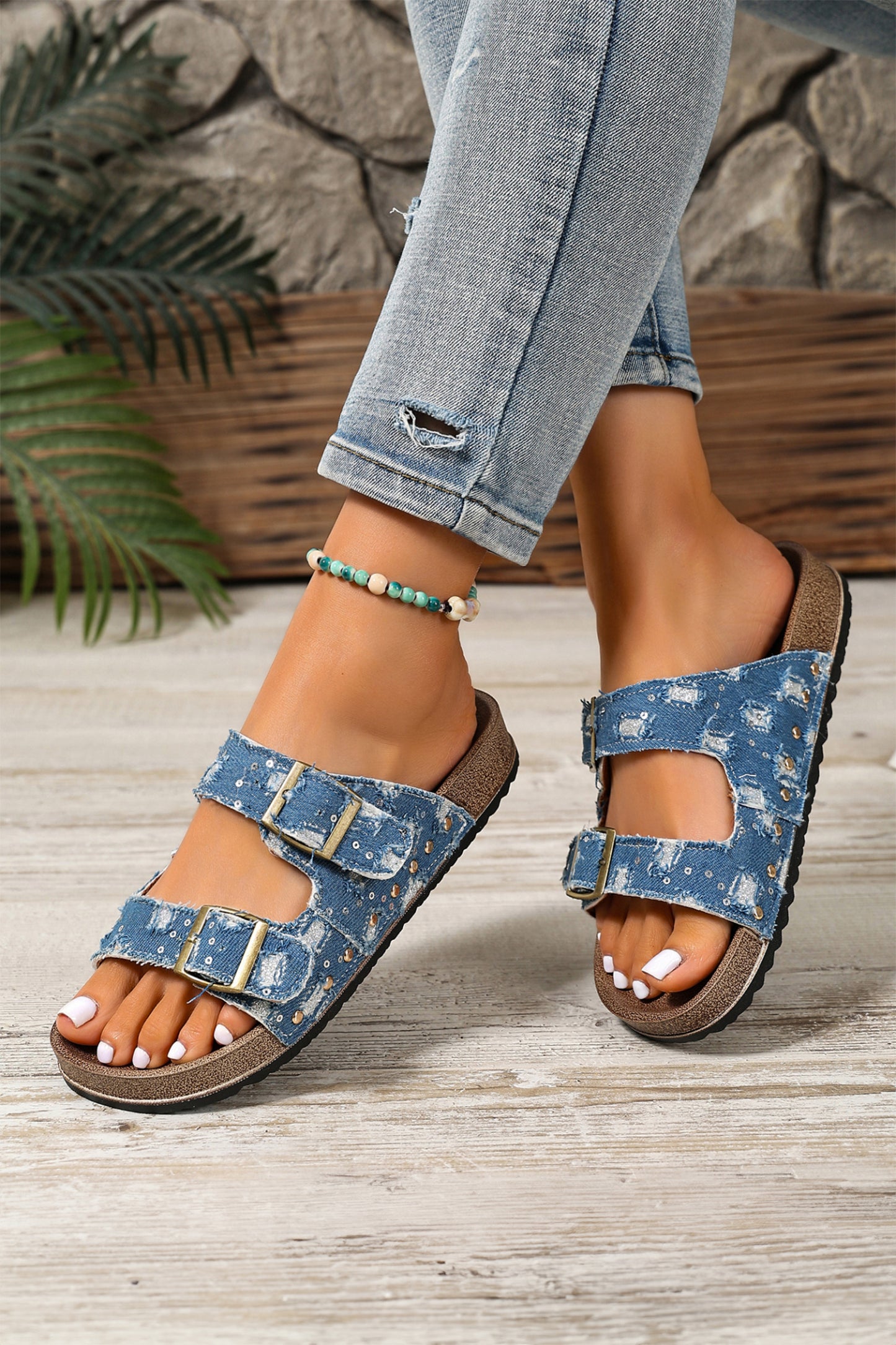 Sky Blue Denim Distressed Retro Buckle Straps Hollowed Faux Suede Slippers