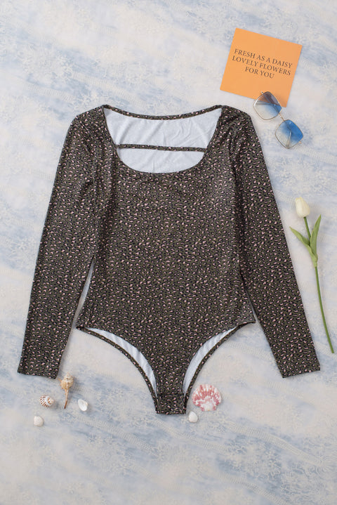 Olive Strappy Hollow-out Scoop Neck Long Sleeve Leopard Bodysuit