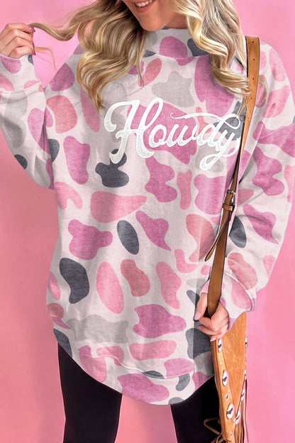 Pink Camo Print Howdy Western Style Baggy Pullover Sweatshirt