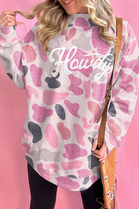 Pink Camo Print Howdy Western Style Baggy Pullover Sweatshirt