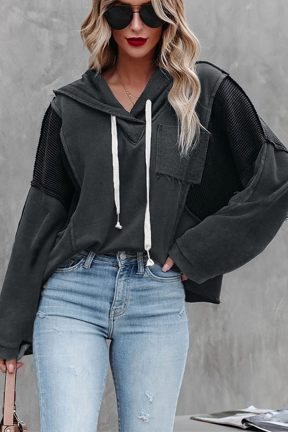 Waffle Knit Long Sleeve Drawstring Hoodie