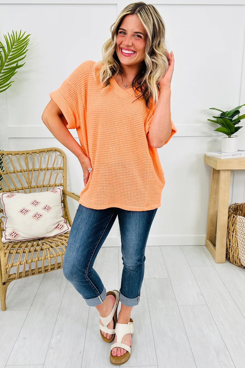 Grapefruit Orange Waffle V Neck Short Sleeve Knit Top