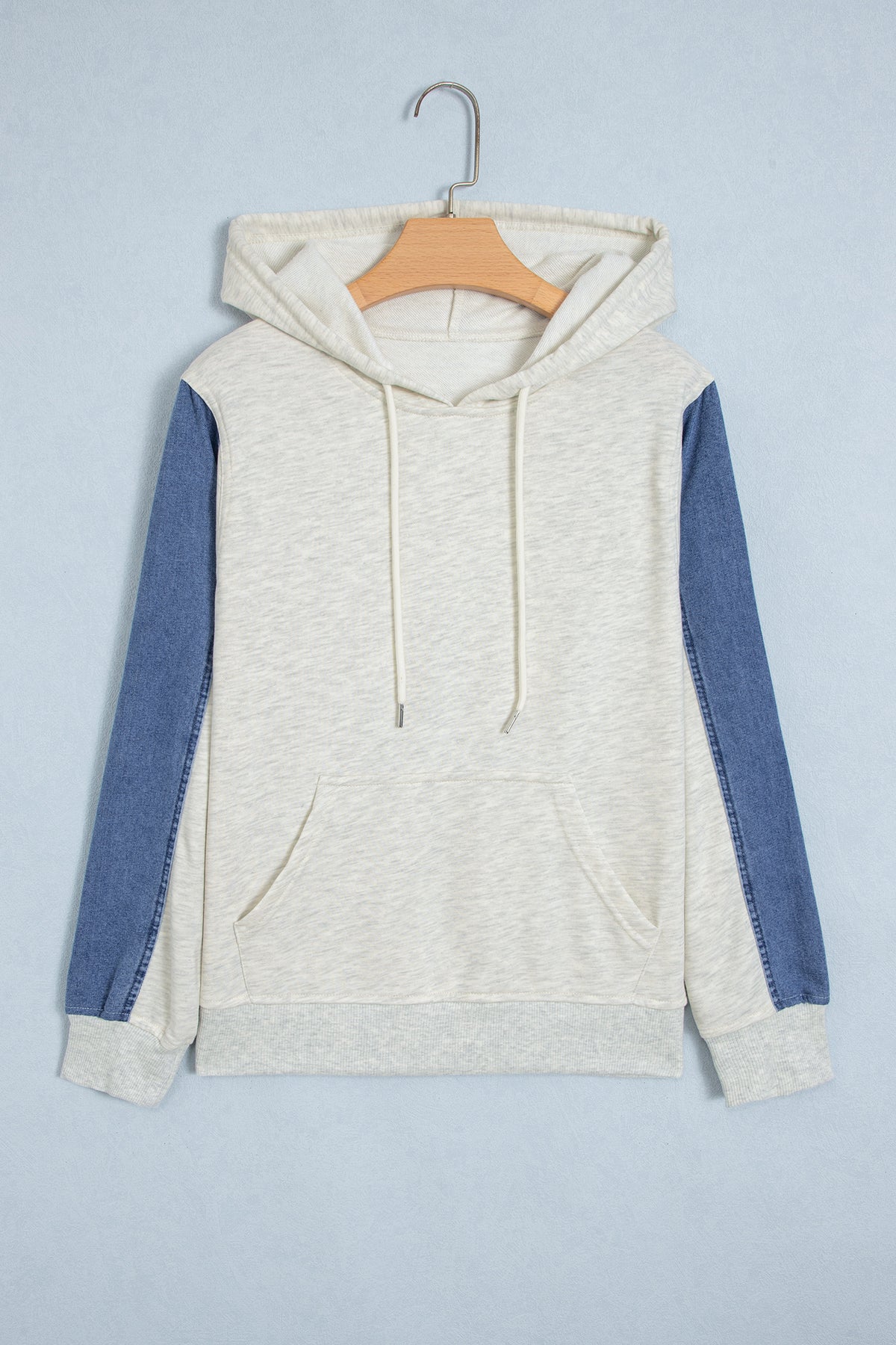 Light Grey Colorblock Denim Sleeve Tunic Pullover Hoodie