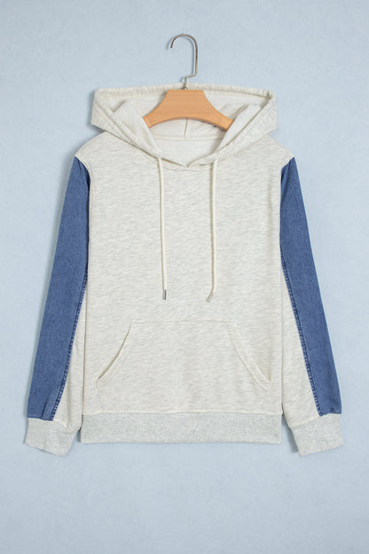 Light Grey Colorblock Denim Sleeve Tunic Pullover Hoodie