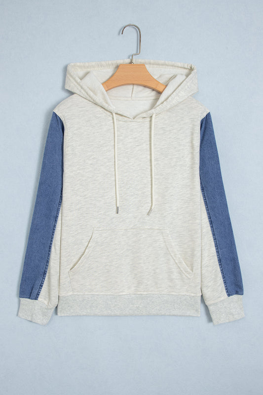 Light Grey Colorblock Denim Sleeve Tunic Pullover Hoodie