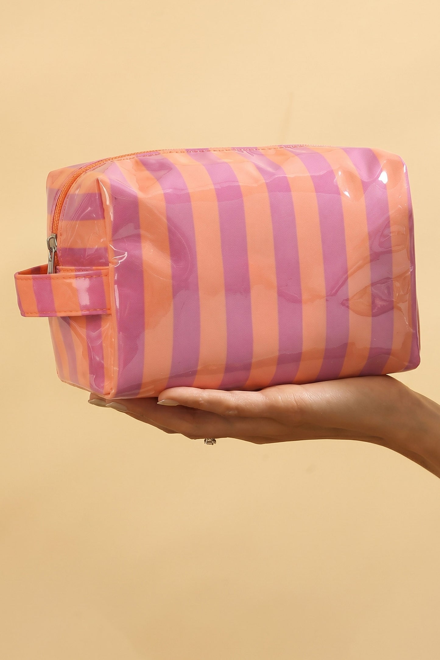 Rose Red PVC Striped Cosmetic Bag Durable Zipper Handle Travel Organizer
