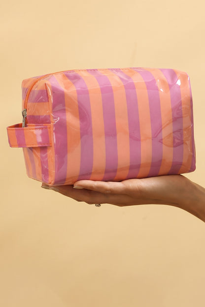 Rose Red PVC Striped Cosmetic Bag Durable Zipper Handle Travel Organizer