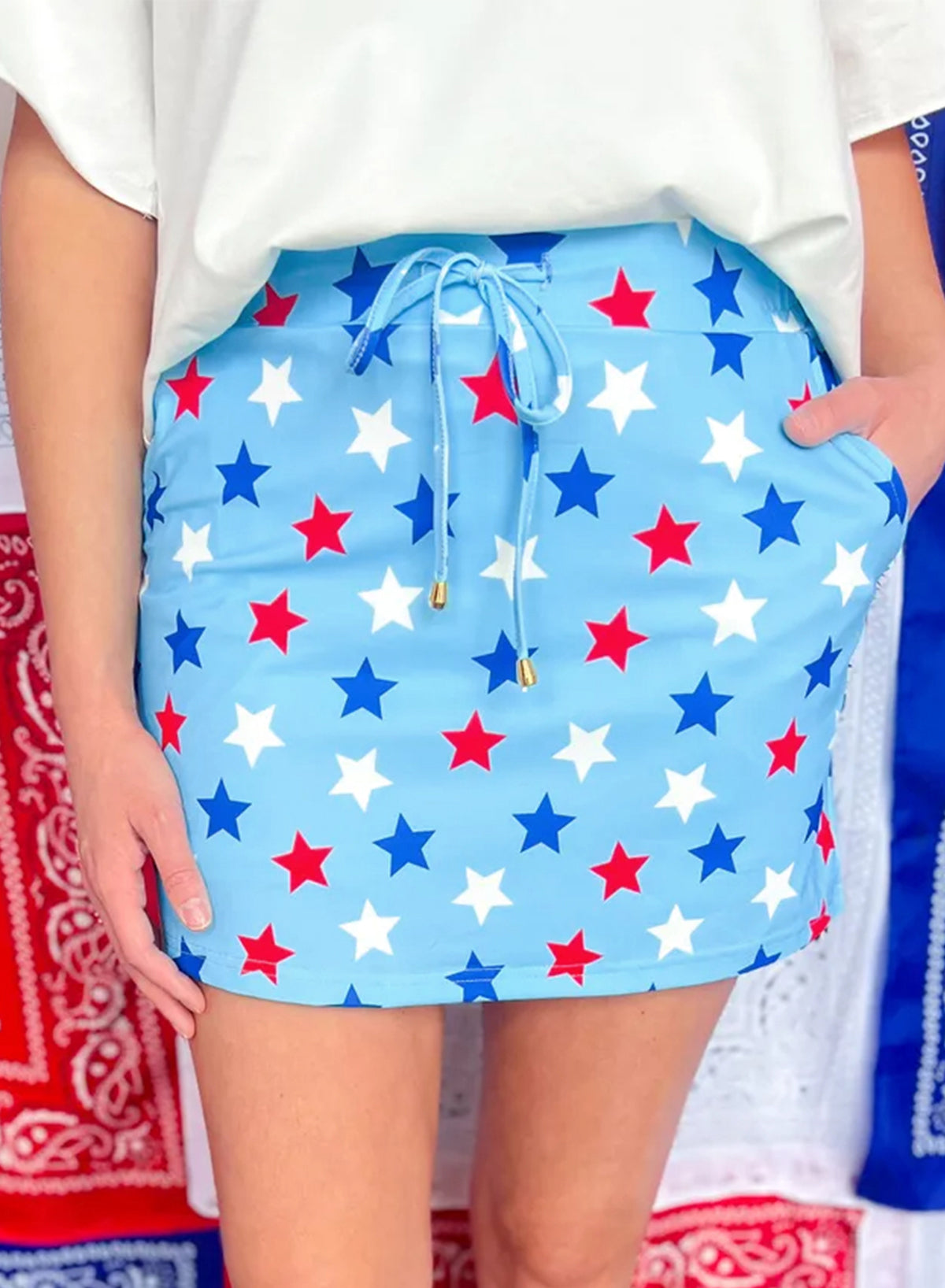 Sky Blue Patriotic Star Printed Beaded Drawstring Mini Skort