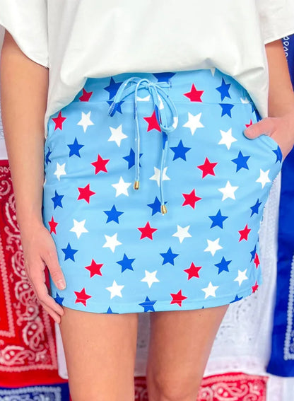 Sky Blue Patriotic Star Printed Beaded Drawstring Mini Skort