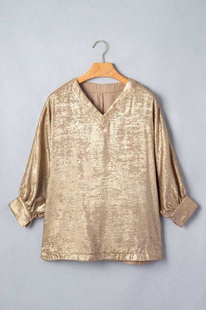 Parchment Metallic V Neck Button Cuffed Long Sleeve Dolman Blouse