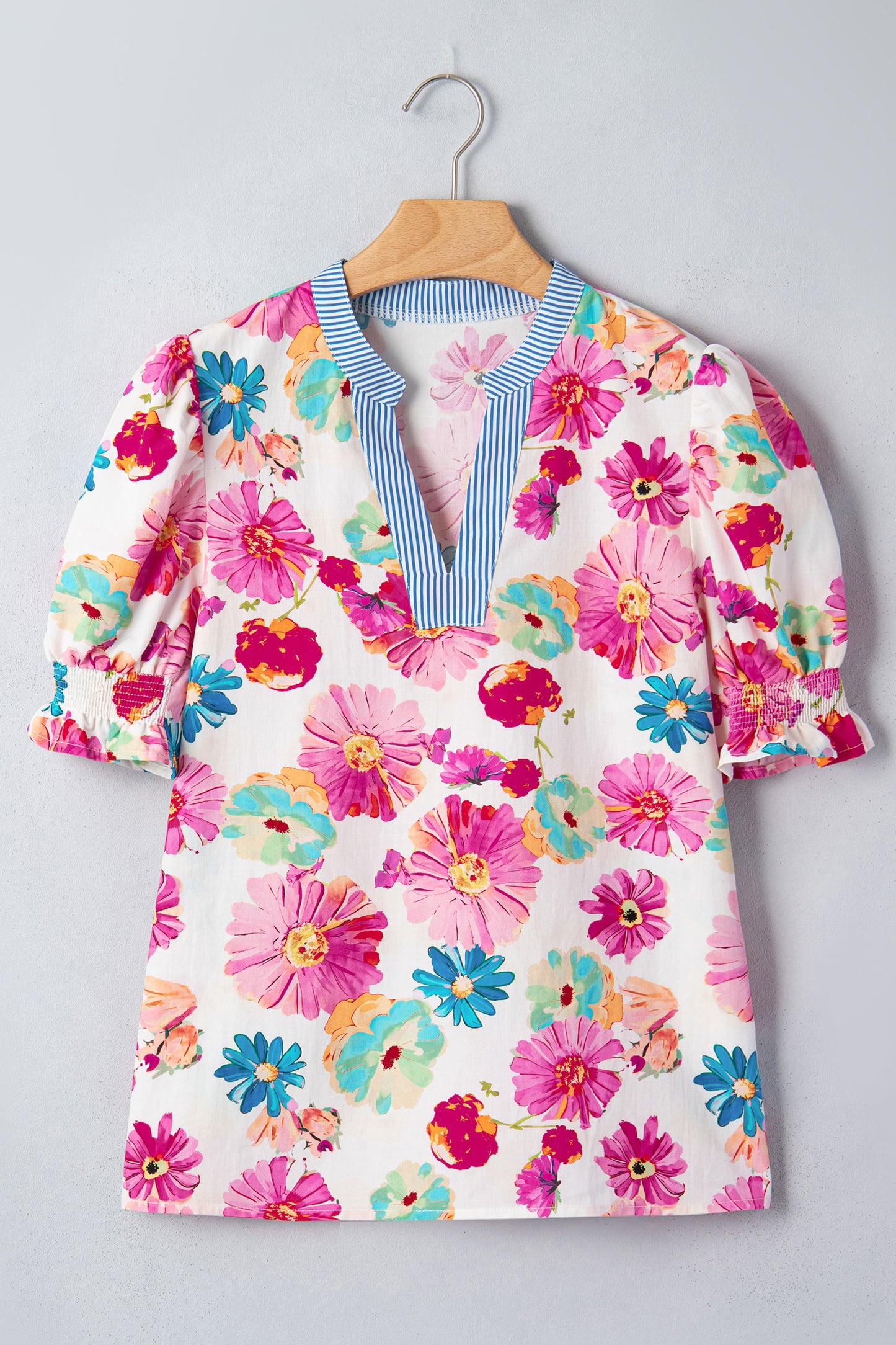 Beige Floral Print Short Puff Sleeve Striped Trim V Neck Blouse