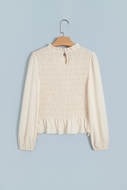 Jet Stream Solid Color Smocked Ruffle Hem Long Sleeve Blouse