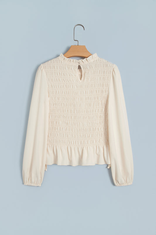 Jet Stream Solid Color Smocked Ruffle Hem Long Sleeve Blouse