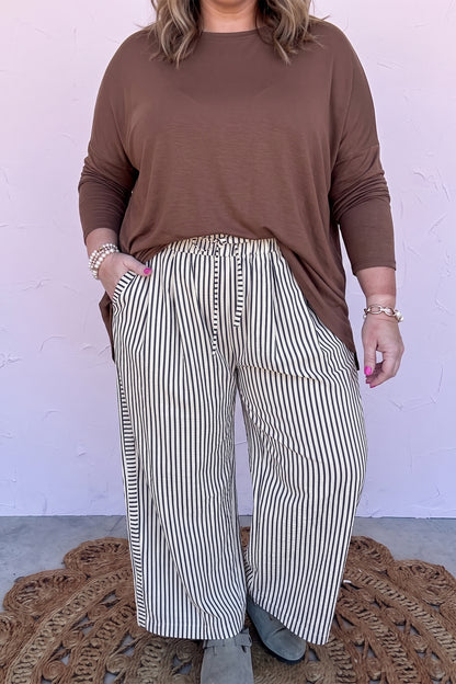 Black Stripe Plus Size Tie Waist Loose Pants