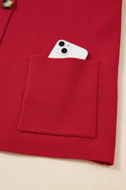 Fiery Red Collared Button Front Wrapped Cardigan Jacket