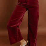 Burgundy Corduroy Solid Color High Waist Wide Leg Pants