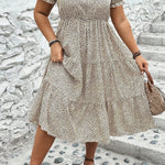 Beige Plus Size Leopard Print Frill Trim Short Sleeve Flared Dress