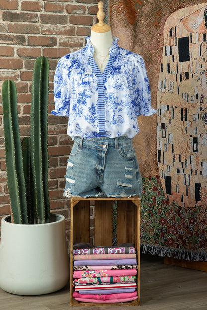 Blue Wild Animal Paradise Striped Detail V Neck Blouse