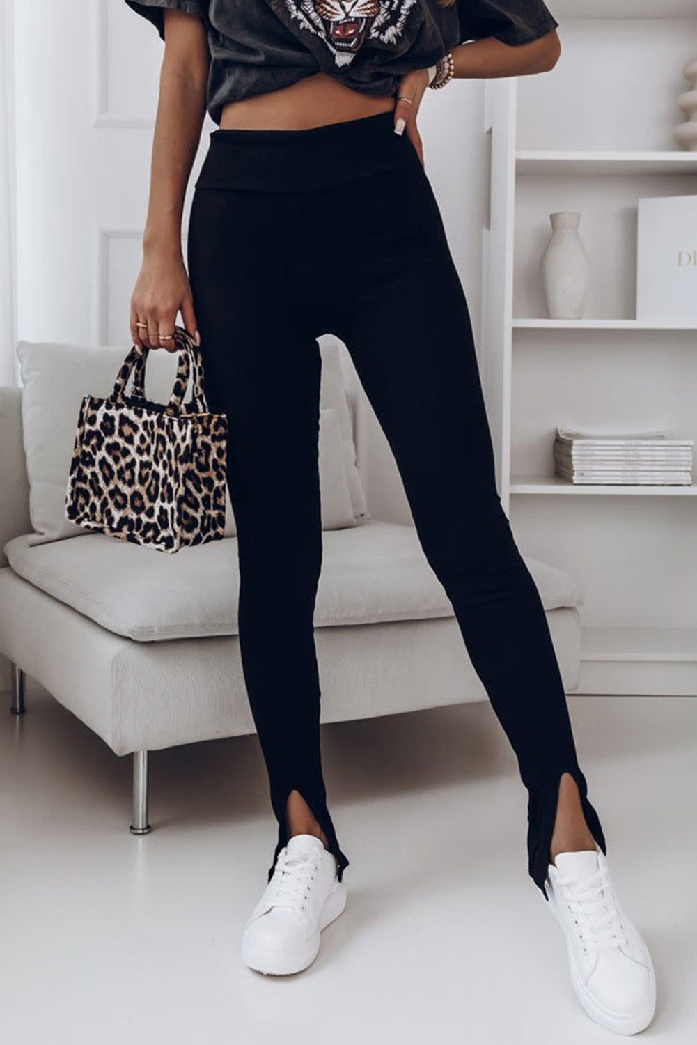 Leggings con abertura y cintura alta de punto acanalado 