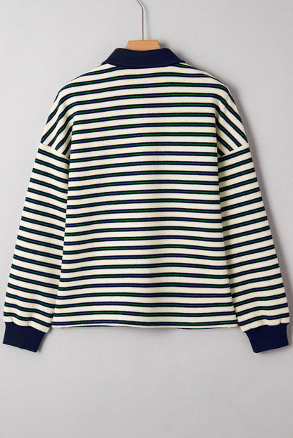 Navy Blue Striped Print Contrast Collar Zip V Neck Long Sleeve Top