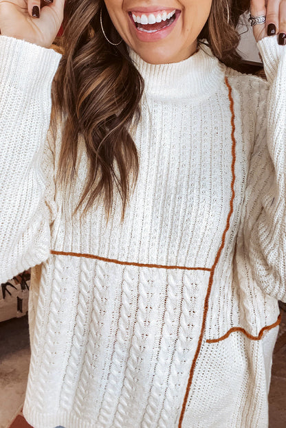 White Mix Texture Patchwork Contrast Stitch Mock Neck Sweater