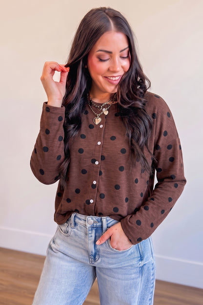 Brown Polka Dot Button Front Long Sleeve Casual Shirt