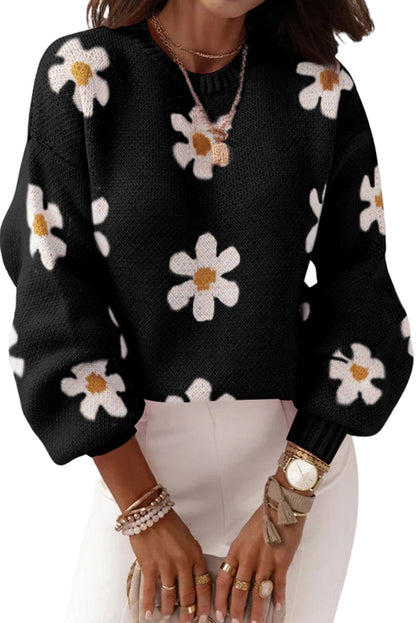 Pull à épaules tombantes et motif floral rose 