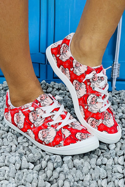 Fiery Red Santa Claus Printed Stitching Detail Flat Shoes