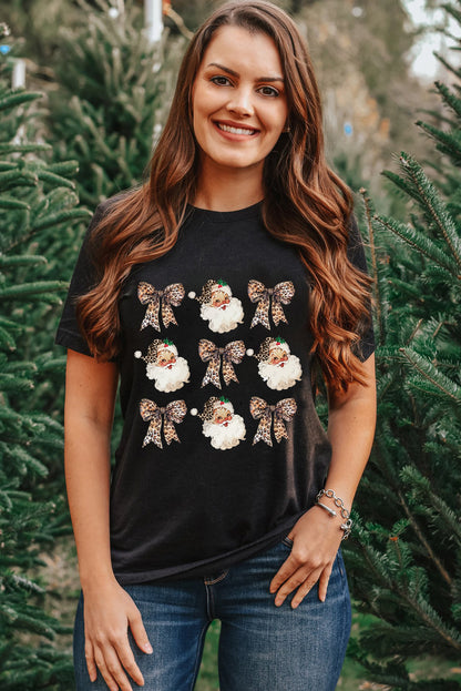 T-shirt décontracté à col rond et imprimé léopard noir avec nœud Père Noël