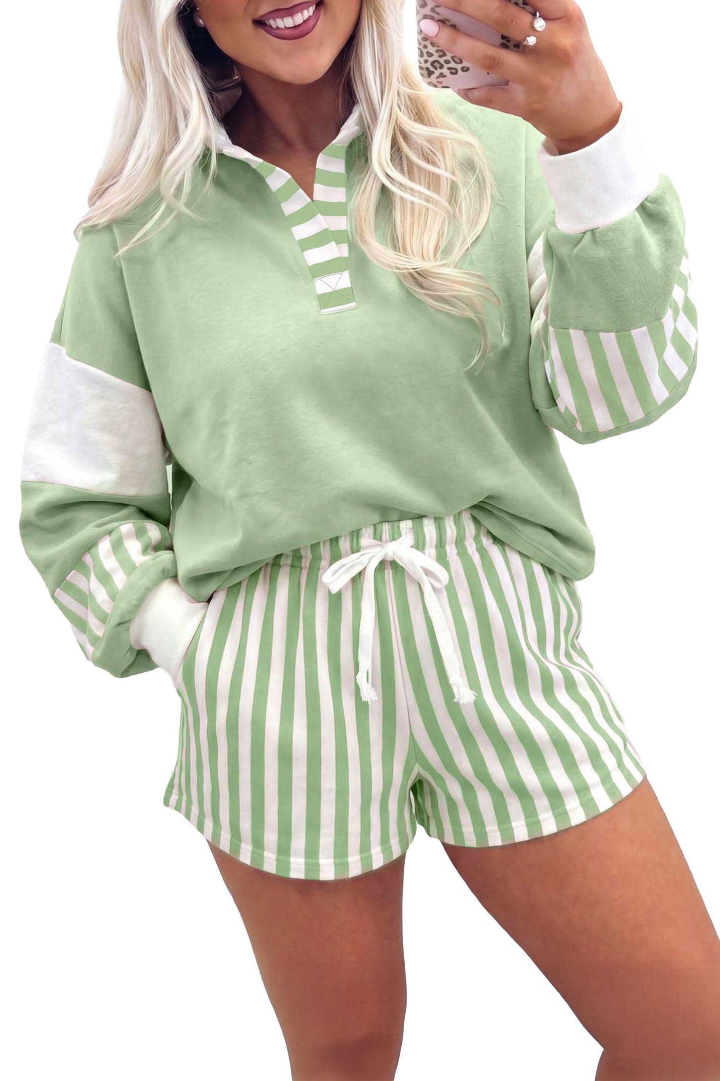 Smoke Green Striped Color Block Pullover Top Drawstring Shorts Set