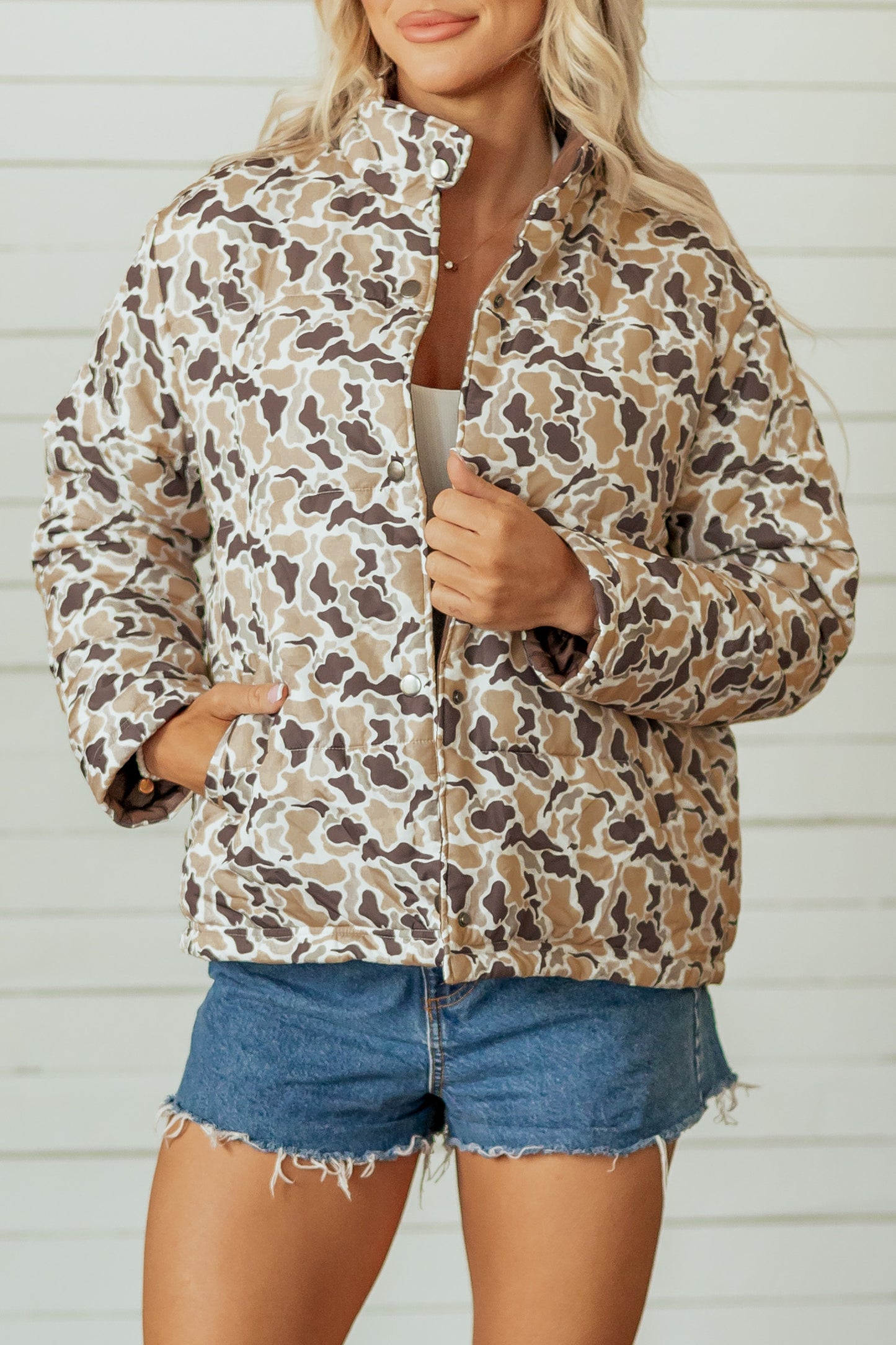 Multicolour Camouflage Quilted Metal Button Collar Long Sleeve Puffer Coat
