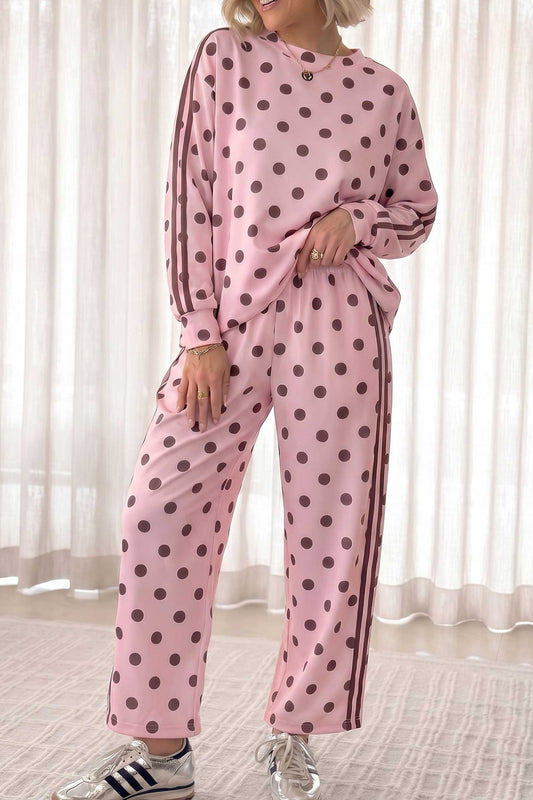 Pink Polka Dot Print Side Stripe Detail Long Sleeve Top Casual Pant Set