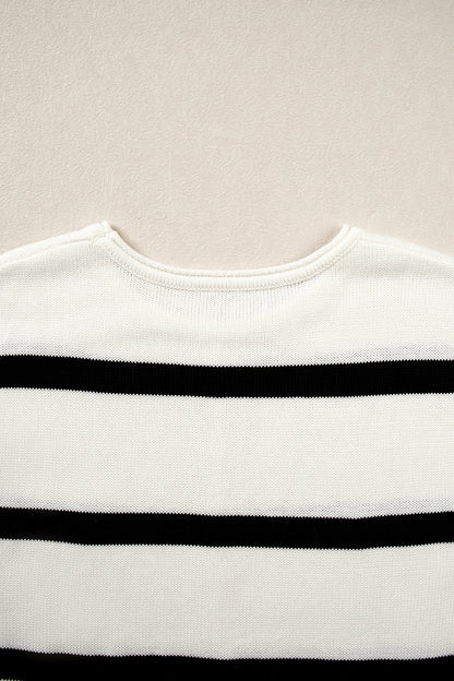 White Stripe Knit Western Short Sleeve Sweater