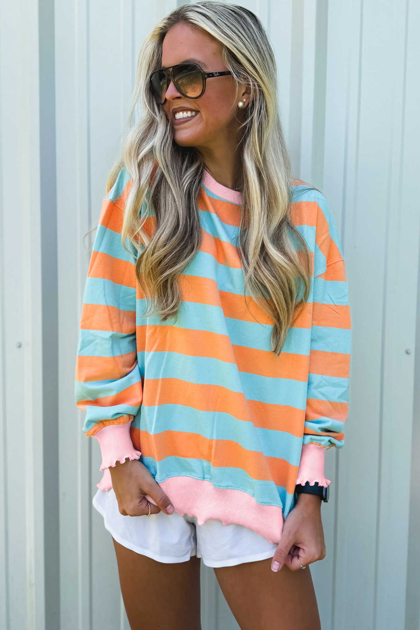 Orange Stripe Ribbed Color Block Trim Round Neck Long Sleeve Shift Top