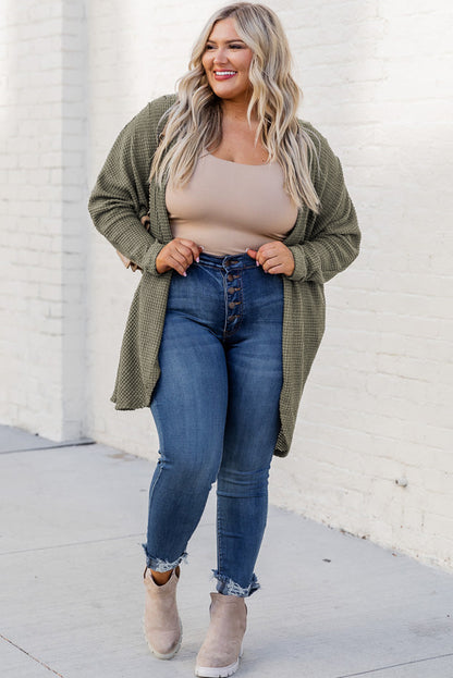 Cardigan grande taille en tricot gaufré Seagrass, épaules tombantes, ouvert sur le devant, poches