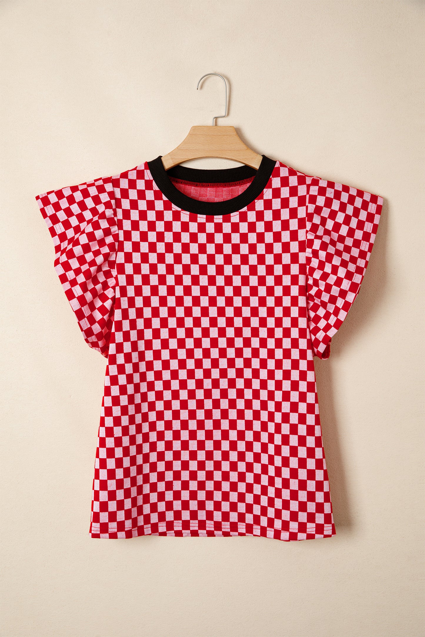 Red Checkered Print Ruffle Short Sleeve Contrast Trim Round Neck Top