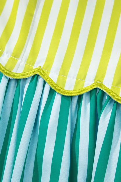 Green Stripe Scalloped Contrast Patchwork Knot Strap Midi Dress
