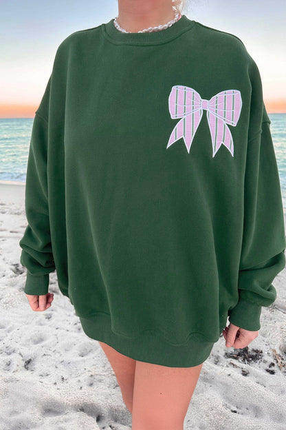 Blackish Green Striped Bow Graphic Oversized Sweatshirt
