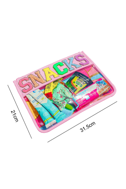 White SNACKS Chenille Letters Zipped Clear Pouch