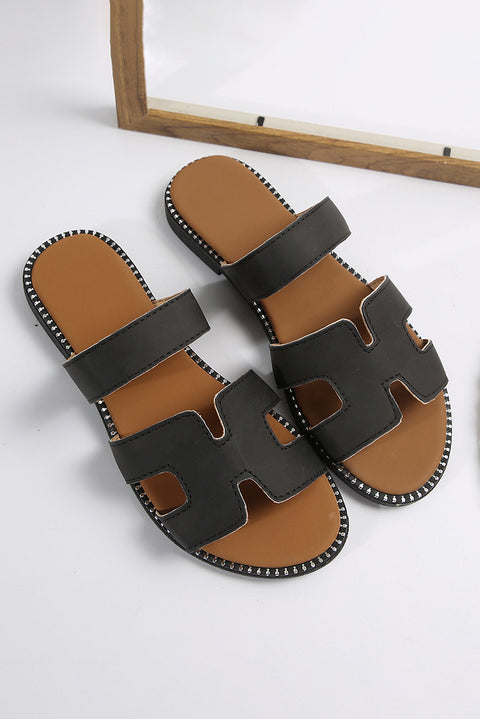 Black Cut Out H Shape Band PU Leather Slippers
