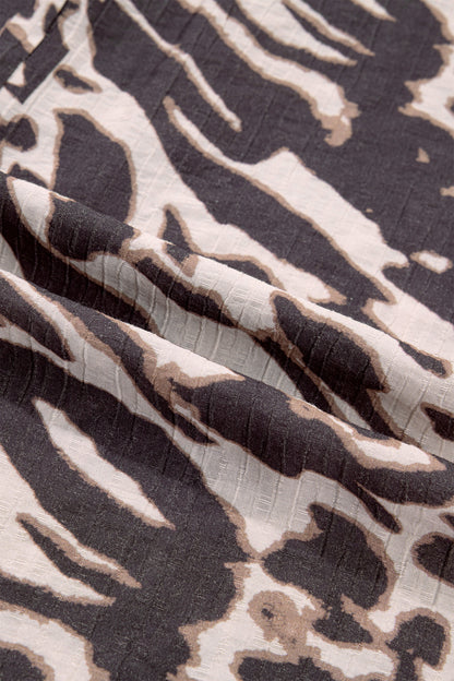 Parchment Leopard Print V Neck Button Down Balloon Sleeve Shirt