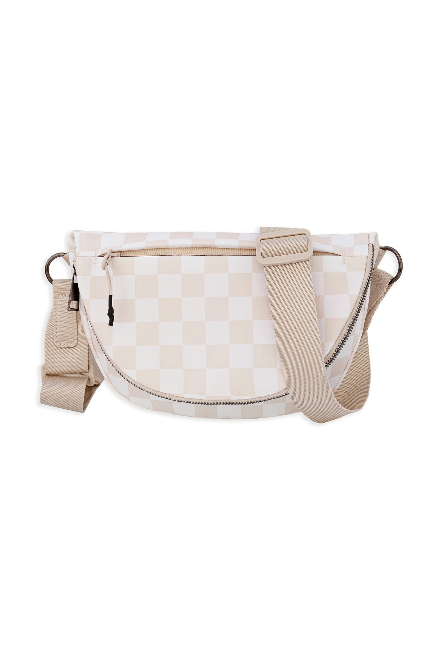 White Checkered Canvas Crescent Shoulder Bag