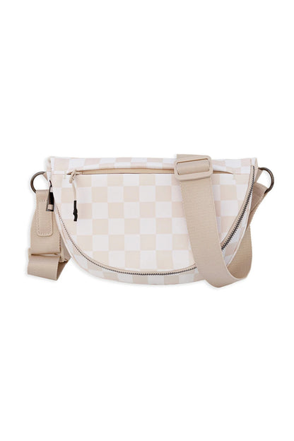 White Checkered Canvas Crescent Shoulder Bag
