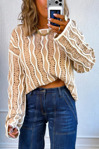 Khaki Wavy Detail Hollow Out Knit Long Sleeve Cotton Pullover Sweater
