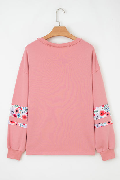 Peach Blossom Floral Applique Baggy Pullover Sweatshirt