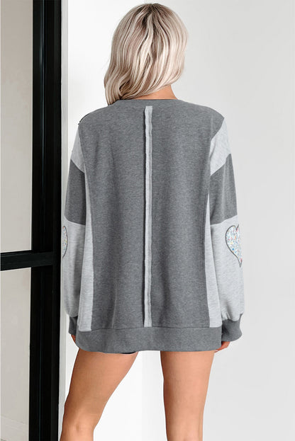 Dark Grey LOVE Graphic Exposed Seam Patchwork Uneven Hem Chic Sweatshirt