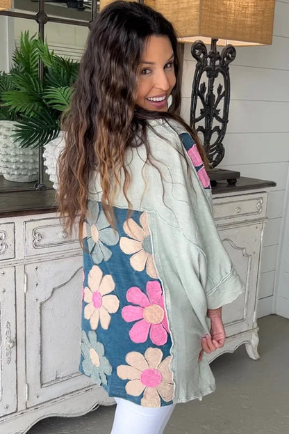 Haut haut bas vert grande taille à fleurs et coutures apparentes