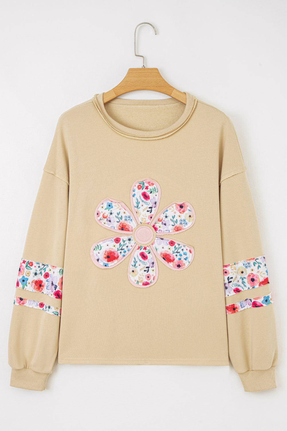 Pale Khaki Floral Applique Baggy Pullover Sweatshirt