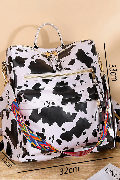 White Cow Print Multi Compartment PU Leather Backpack